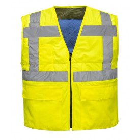 Hi-Vis koelvest CV02 in signaalgeel met reflectiestrepen. Er is een link naar de artikelpagina toegevoegd.
