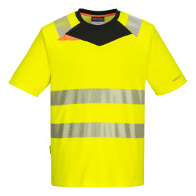 DX4 Hi-Vis T-shirt DX413 in geel-zwart met gesegmenteerde reflecterende striping. Er is een link naar de artikelpagina toegevoegd.
