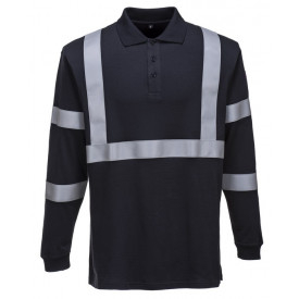 Vlamvertragend antistatisch poloshirt met lange mouwen FR03 in navy met reflecterende striping. Er is een link naar de artikelpagina toegevoegd.