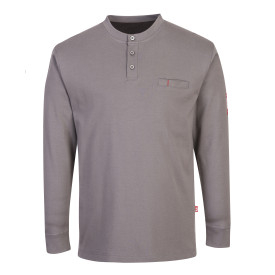 FR Anti-statisch Shirt FR32 in grijs met knoopsluiting en lange mouwen. Er is een link naar de artikelpagina toegevoegd.