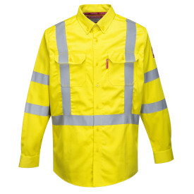 Bizflame 88/12 FR Hi-Vis-shirt FR95 in geel met reflectiestrepen. Er is een link naar de artikelpagina toegevoegd.