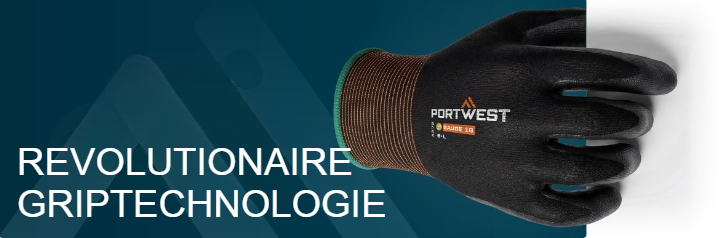 Blauwe banner met een enkele zwarte handschoen en een witte koptekst: Evolutionaire griptechnologie.