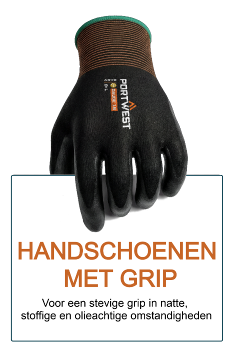 Afbeelding van een griphandschoen die een wit banner vasthoudt met de tekst 'Handschoenen met grip voor stevige houvast bij nattigheid, stof en olie'. De afbeelding linkt naar onze collectie griphandschoenen.