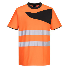 PW3 Hi-Vis T-shirt PW213 in oranje-zwart met reflectiestrepen. Er is een link naar de artikelpagina toegevoegd.