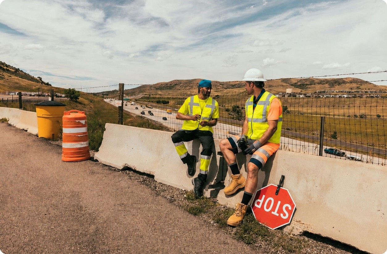 Twee werknemers zitten op een betonnen afscheiding langs de weg. Ze dragen korte hoge zichtbaarheidskleding en koelvesten. Op de achtergrond zie je een kaal berglandschap en een bewolkte blauwe lucht. Er is een link naar onze koelvesten toegevoegd.