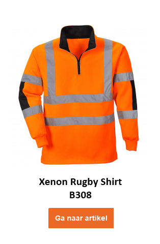 Signalisatie rugbyshirt Xenon B308 in oranje met blauwe details en reflecterende strepen. Er wordt een link naar de artikelpagina gegeven.