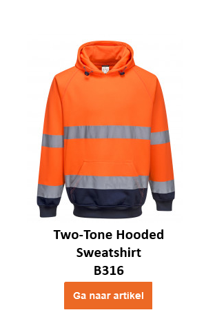 Tweekleurig sweatshirt met capuchon B316 in oranje met blauwe details en reflecterende strepen. Er wordt een link naar de artikelpagina gegeven.