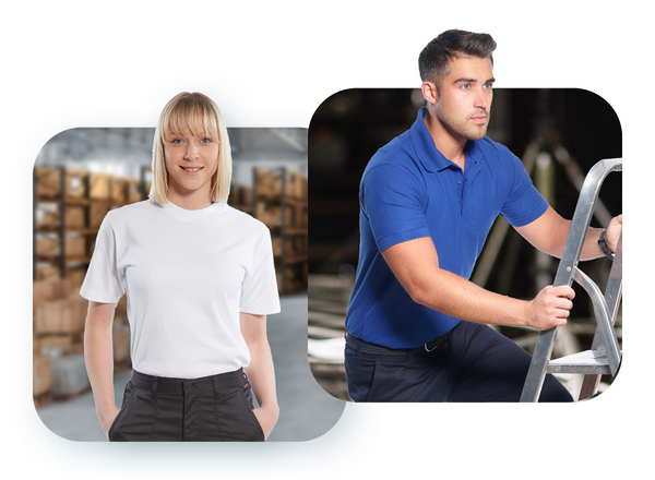 Afbeelding van een vrouw met een blond pagekopje in een wit T-shirt en een zwarte broek voor een pakjeshuis, en een afbeelding van een brunette man in een blauwe polo en een blauwe broek op een ladder.