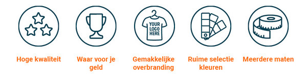 Werkbalk met pictogrammen die staan ​​voor hoge kwaliteit, een goede prijs-kwaliteitverhouding, eenvoudige branding, een breed scala aan kleuren en diverse maten.