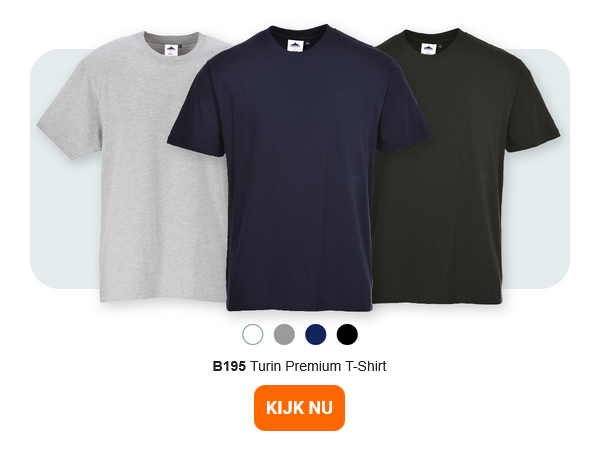 Afbeelding van het B195 Premium T-shirt Turin in drie uitvoeringen: grijs, donkerblauw en zwart op een lichtgrijze achtergrond met afgeronde hoeken. Een link naar het artikel vindt u hier.