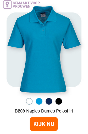 Afbeelding van het B209 Naples poloshirt voor dames in blauw tegen een lichtgrijze achtergrond met afgeronde hoeken. Een link naar het artikel is beschikbaar.