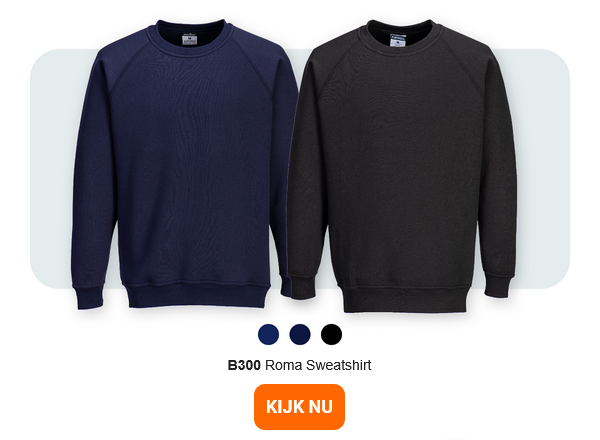 Afbeelding van de B300 Roma-sweater in twee uitvoeringen: donkerblauw en zwart tegen een lichtgrijze achtergrond met afgeronde hoeken. Er is een link naar het artikel beschikbaar.
