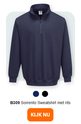 Afbeelding van de B309 Sorrento-sweater met rits in blauw tegen een lichtgrijze achtergrond met afgeronde hoeken. Er is een link naar het artikel beschikbaar.