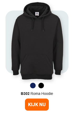 Afbeelding van de B302 Roma-hoodie in zwart tegen een lichtgrijze achtergrond met afgeronde hoeken. Er is een link naar het artikel beschikbaar.
