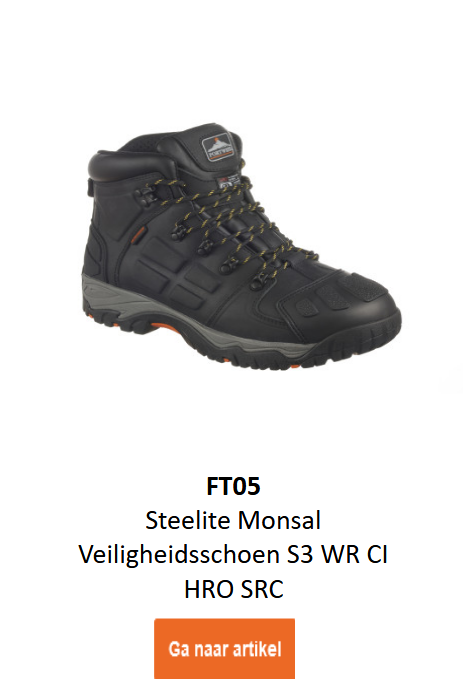 Afbeelding van de Steelite Monsal veiligheidsschoen S3 WR CI HRO SRC FT05 in het zwart met grijze details. Een link naar het artikel is toegevoegd.