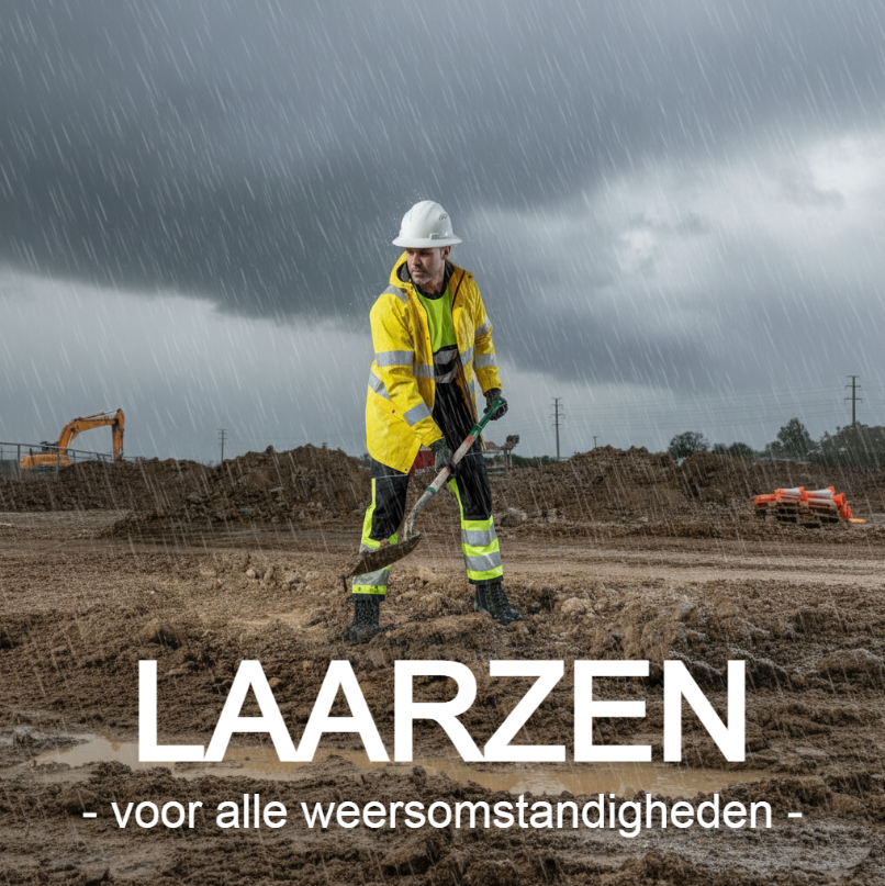 Man die op een modderige bouwplaats met een schop werkt. Hij draagt gele high-visibility kleding en winterlaarzen. Onderaan de afbeelding staat 'Laarzen &ndash; voor elk weertype'.