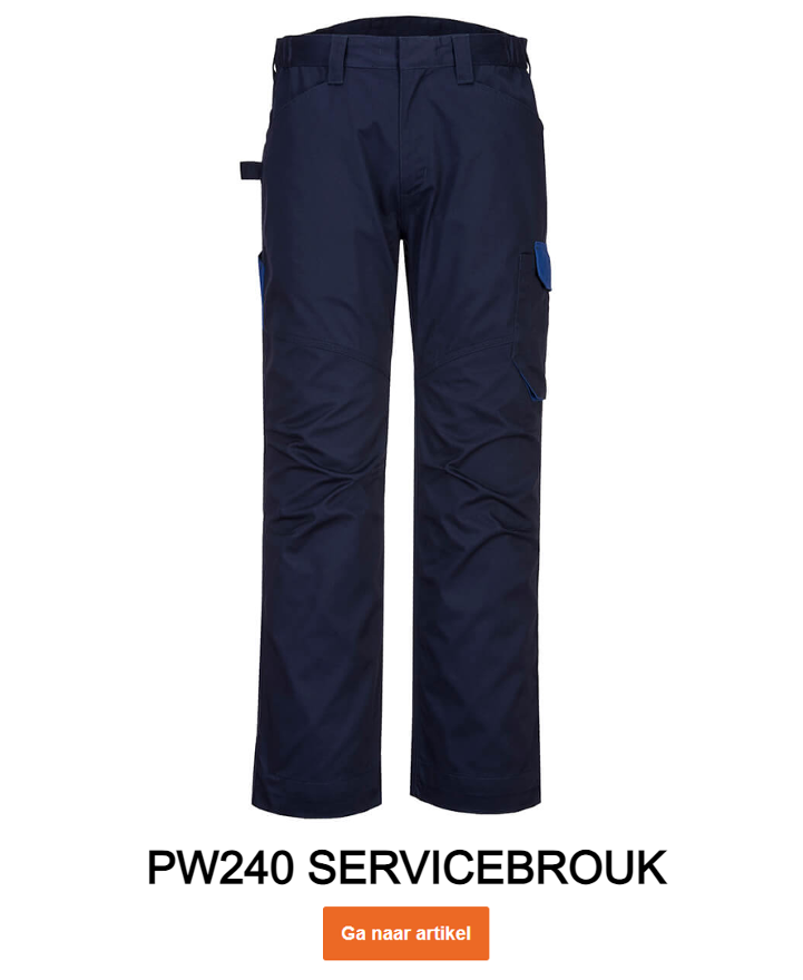 Voorbeeldafbeelding van de PW240 servicebroek in blauw-navy met een link naar het artikel.