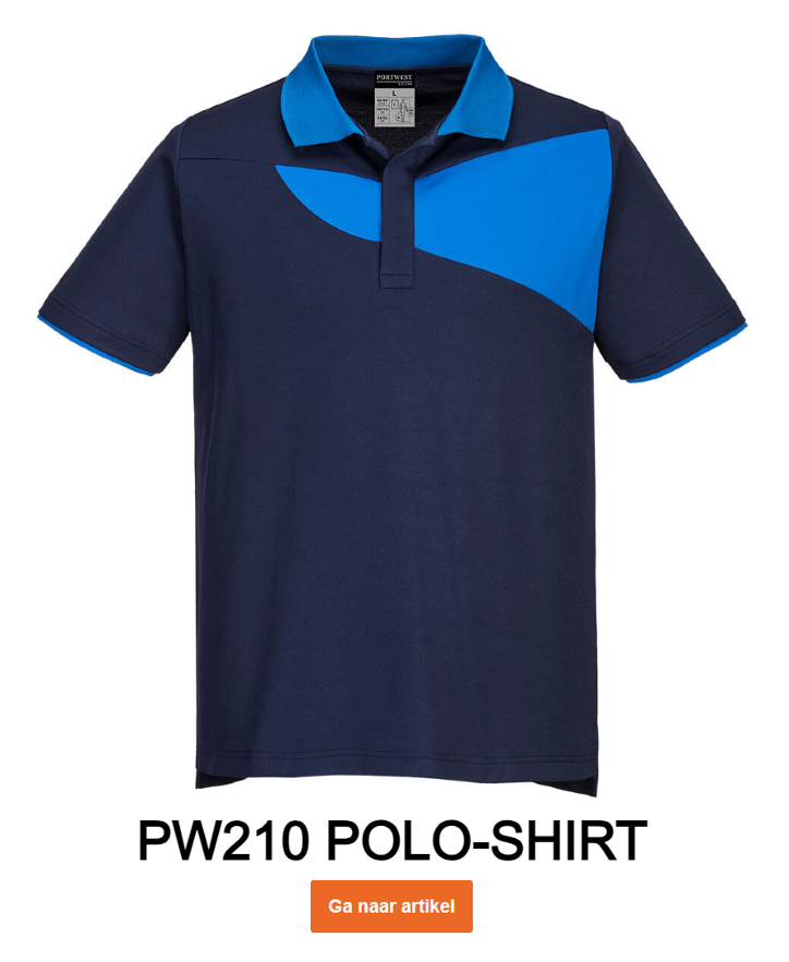Voorbeeldafbeelding van het PW210 poloshirt in blauw-royaal met een link naar het artikel.