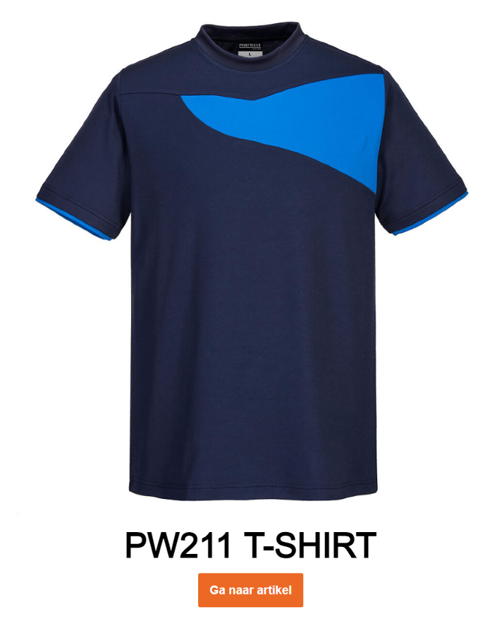 Voorbeeldafbeelding van het PW211 T-shirt in blauw-navy met een link naar het artikel.