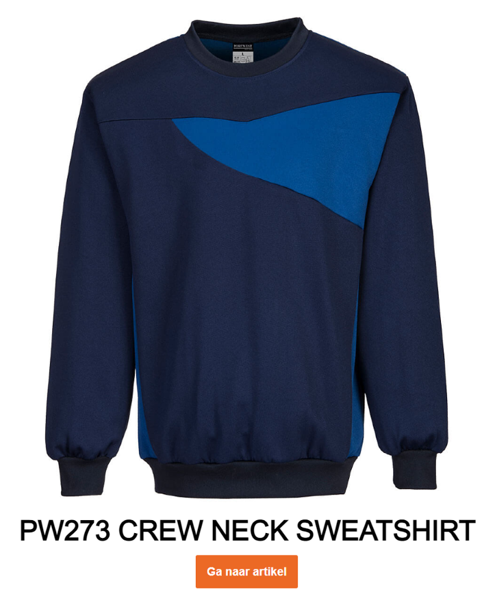 Voorbeeldafbeelding van het PW273 sweatshirt met ronde hals in blauw-navy met een link naar het artikel.