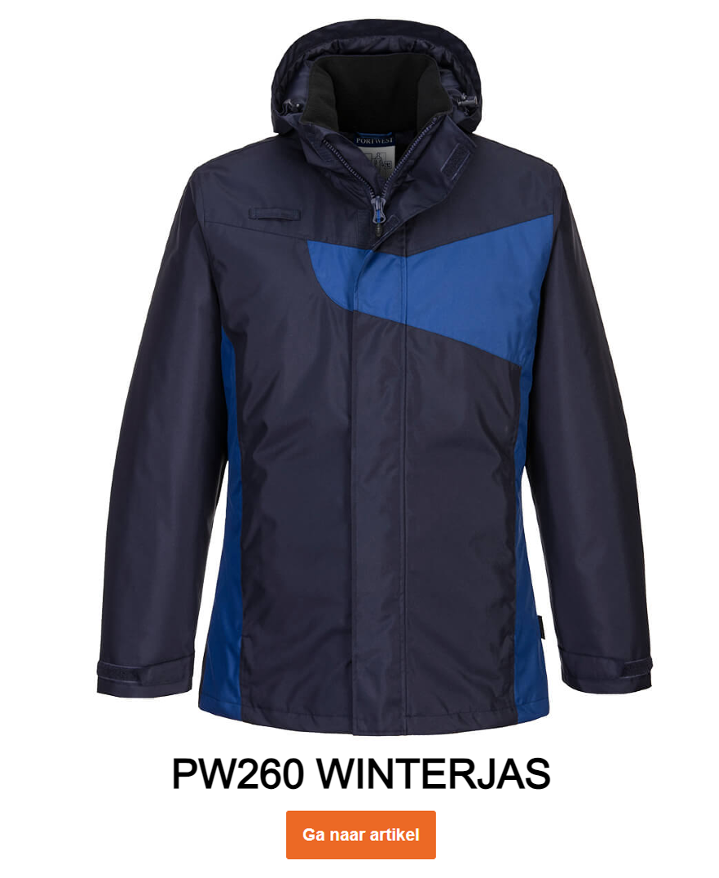 Voorbeeldafbeelding van de PW260 winterjas in blauw-navy met een link naar het artikel.