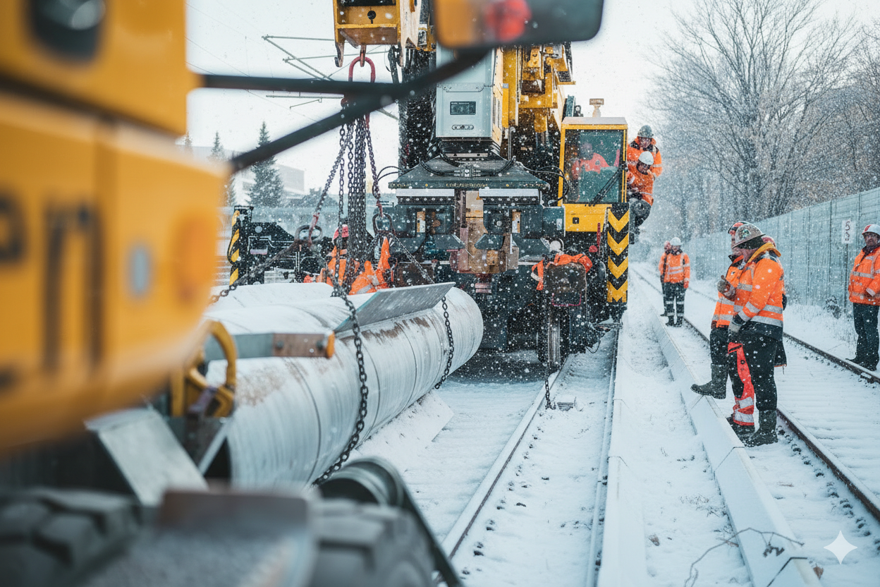 Een besneeuwde bouwplaats langs een spoorlijn. Een graafmachine op rails transporteert grote buizen. Naast de graafmachine staan meerdere werknemers in oranje winterwerkkleding met hoge zichtbaarheid. Aan de rechterkant is een besneeuwd hek en kale, met sneeuw bedekte bomen te zien.
