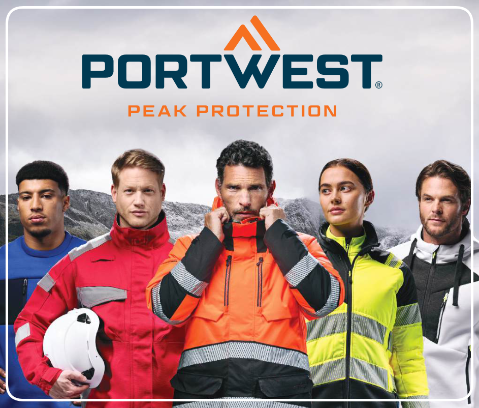 Vijf arbeiders in blauwe, rode, oranje, gele en witte werkkleding. Op de achtergrond een besneeuwd berglandschap en een grijze hemel. Daarboven het blauw-oranje logo van de fabrikant Portwest.