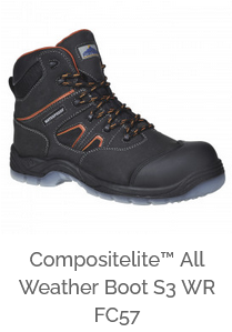 Portwest Compositelite All Weather Boots S3 WR FC57 in zwart met oranje details en een link naar het artikel.