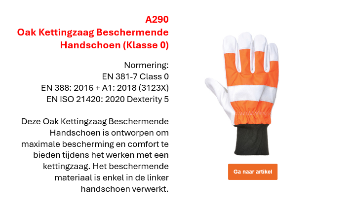 Afbeelding van de A290 kettingzaag-handschoen in oranje met witte en zwarte details. Link leidt naar productpagina.