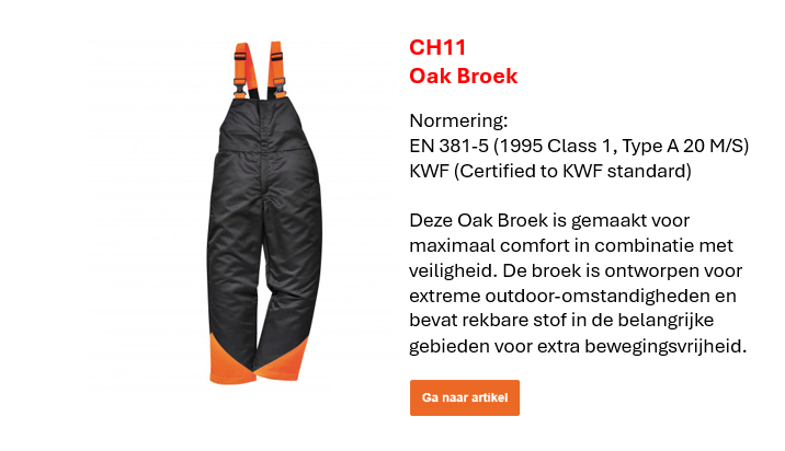 Afbeelding van de CH11 Oak broek in zwart met oranje details en korte omschrijving van eigenschappen en normen. Link leidt naar productpagina.