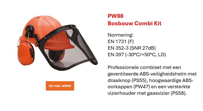 Afbeelding van het bosbouw-combi-set PW98 in oranje met zwarte details. Link leidt naar productpagina.