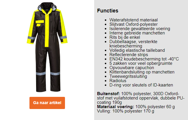 Preview van de winteroverall S585 in geel en zwart met reflecterende strepen en een link naar het artikel en een lijst met de kenmerken van de overall.