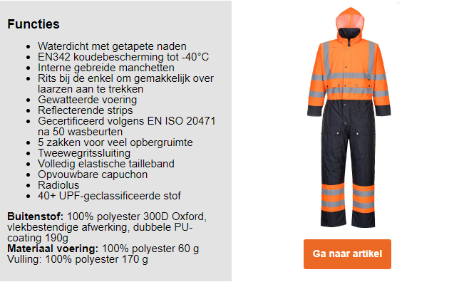 Voorbeeldafbeelding van de gevoerde Hi-Vis contrastoverall S485 in zwart en oranje met reflecterende strepen en een link naar het artikel en een lijst met de kenmerken van de overall.