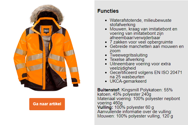 Voorbeeldafbeelding van de PW3 hoge zichtbaarheidswinterparka PW369 in oranje met reflecterende strepen, kraag van imitatiebont en een link naar het artikel en een lijst met de artikeleigenschappen.