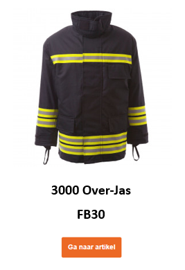 Blauw brandweeroverjas FB30 met waarschuwingsgele lichtstrepen en een link die naar de artikelpagina leidt.
