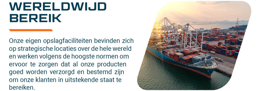 Afbeelding van een containerschip in de haven, samen met een beschrijving van het wereldwijde bereik van Portwest.