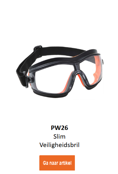 Afbeelding van de Slim Safety volledig beschermende bril PW26 in zwart met oranje accenten. Een link naar de productpagina is toegevoegd.