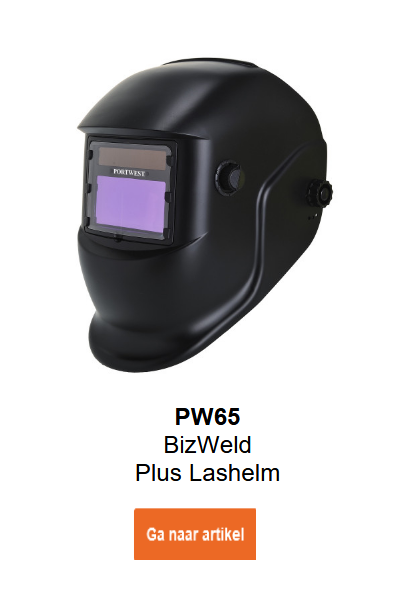 Afbeelding van de BizWeld lashelm PW65 in zwart. Een link naar de productpagina is toegevoegd.