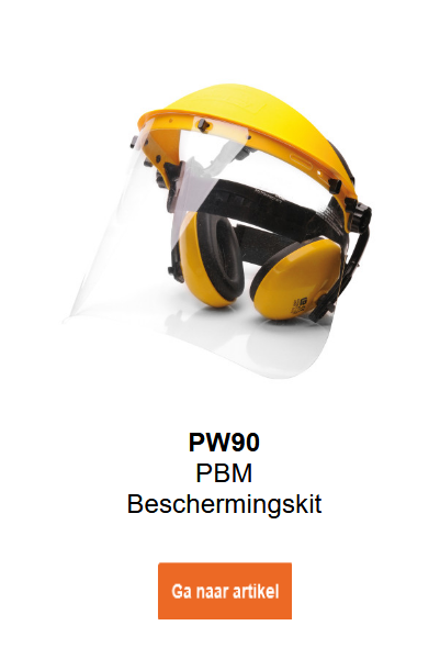 Afbeelding van de PPE-beschermset PW90 in geel met zwarte accenten. Een link naar de productpagina is toegevoegd.