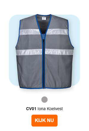 Afbeelding van het CV01 Iona koelvest in grijs met reflecterende strepen en blauwe details. Er is een link naar de artikelpagina opgenomen.