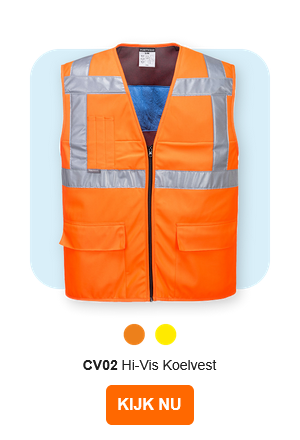 Afbeelding van het CV02 koelvest met hoge zichtbaarheid in oranje met reflecterende strepen. Er is een link naar de artikelpagina opgenomen.