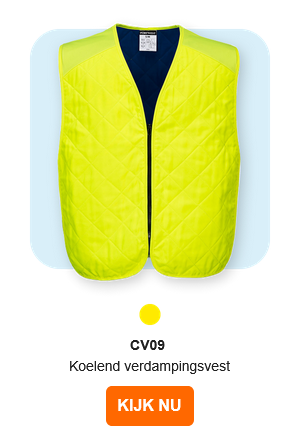 Afbeelding van het CV09 verkoelende verdampingsvest in geel. Er is een link naar de artikelpagina opgenomen.