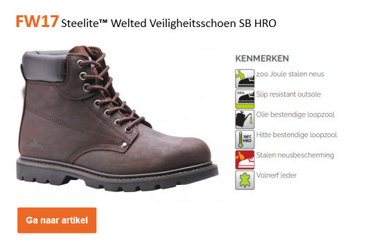 Voorbeeldafbeelding van de Steelite welted veiligheidslaars SB HRO FW17 gemaakt van bruin nubuckleer, samen met een lijst met de artikelkenmerken en een oranje knop met een link naar het artikel.