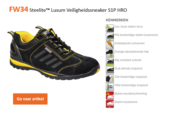 Voorbeeldafbeelding van de Steelite Lusum veiligheidstrainer S1P HRO FW34 in zwart en geel met een lijst met kenmerken en een oranje knop die u via de meegeleverde link naar de artikelpagina van de schoen brengt.