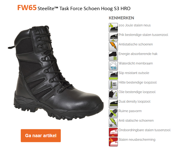 Voorbeeldafbeelding van de Steelite Task Force-laars S3 HRO FW65 in het zwart, samen met een lijst met functies en een oranje knop die naar de artikelpagina van de laars leidt.