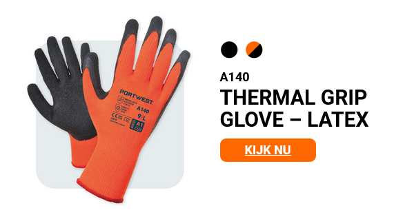 Voorbeeldafbeelding van de Thermo Grip handschoen A140 in oranje/grijs met een link naar het artikel.