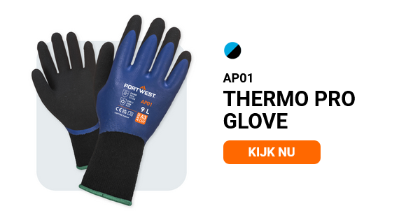 Voorbeeldafbeelding van de Thermo Pro handschoen AP01 in blauw/zwart met een gekoppelde link naar het artikel.