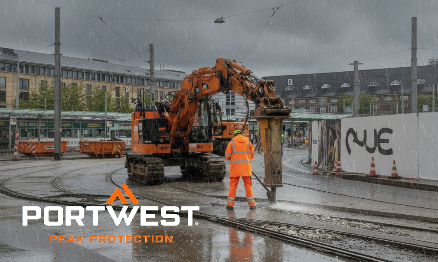 Bouwvakker in feloranje, weerbestendige beschermkleding van Portwest werkt in de regen met een grote graafmachine op een trambaan-bouwplaats. Het Portwest-logo met de slogan &lsquo;Peak Protection&rsquo; is zichtbaar op de voorgrond. De sc&egrave;ne toont robuuste werkkleding voor gebruik bij slecht weer. Een link naar onze regenjassen is toegevoegd.