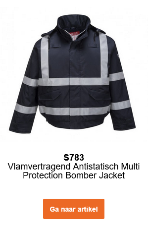 Afbeelding van de waterdichte, vlamvertragende Bomberjack Bizflame S783 in blauw met reflecterende strips. Een link naar het artikel is toegevoegd.