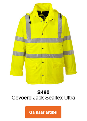 Afbeelding van de gevoerde waarschuwings-regenjas Sealtex Ultra S490 in geel met reflecterende strips. Een link naar het artikel is toegevoegd.